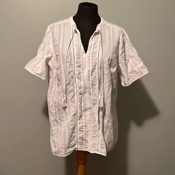 Westport Women's White Striped Lace Short Sleeve Neck Tie Top Size Large - Picture 1 of 7